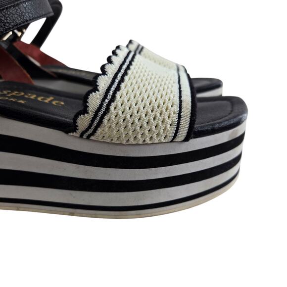 Kate Spade High Rise Spade Platform Wedge Sandals 6 B Black White Striped Preppy - Picture 4 of 14